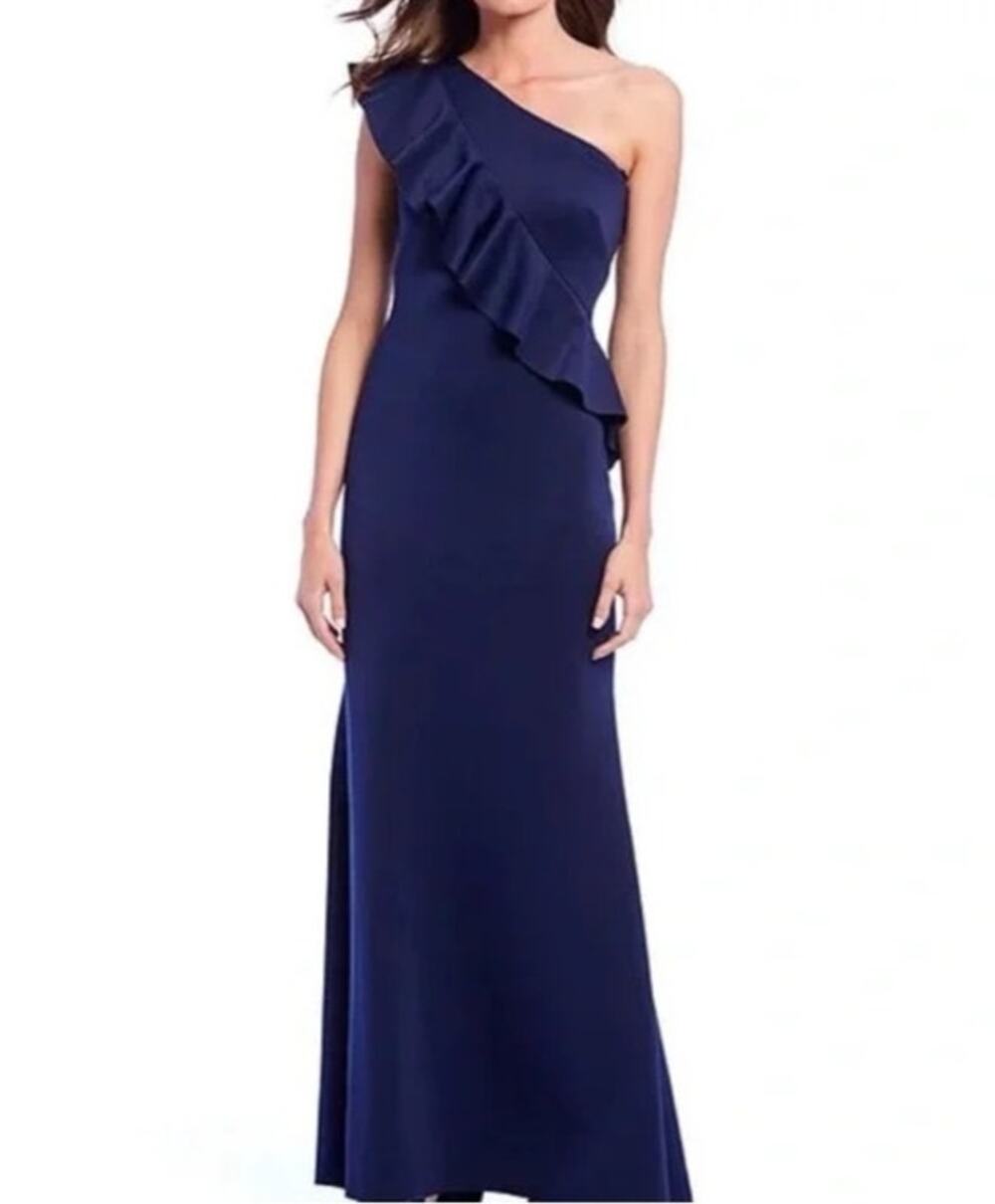 Jessica Howard Navy One Shoulder Ruffle Maxi Gown Formal Wedding Size 14